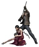  1boy 1girl 3d ada_wong capcom gun highres jacket leon_s_kennedy official_art red_dress resident_evil resident_evil_4 shotgun submachine_gun weapon weapons 