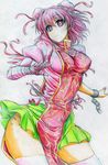  bandages breasts chinese_clothes colored_pencil_(medium) contrapposto cuffs curvy double_bun flower highres hips ibaraki_kasen kitazinger large_breasts looking_at_viewer pink_eyes pink_hair rose shackles short_hair skindentation skirt solo standing tabard thick_thighs thighhighs thighs touhou traditional_media white_legwear wide_hips zettai_ryouiki 