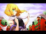  asya bare_shoulders blonde_hair bridge green_eyes half_updo letterboxed mizuhashi_parsee off_shoulder parted_lips pointy_ears ponytail scarf short_hair solo touhou upper_body 
