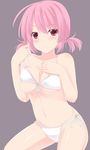  absurdres bad_id bad_pixiv_id bikini blush breasts cleavage frown highres large_breasts mizunashi_kenichi navel original pink_eyes pink_hair red_eyes short_hair short_twintails solo swimsuit twintails underboob 