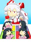  &gt;_&lt; black_hair bow closed_eyes fujiwara_no_mokou gomi_ichigo hair_bow highres houraisan_kaguya long_hair mallet multiple_girls one_eye_closed open_mouth red_eyes smile suspenders touhou white_hair 