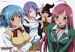  &gt;_&lt; absurdres akashiya_moka blazer blue_eyes blue_hair blush breast_envy breasts brown_hair eyes_closed fang fangs hat highres kurono_kurumu long_hair pink_hair ponytail purple_eyes purple_hair rosario+vampire school_uniform sendou_yukari shirayuki_mizore short_hair 