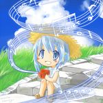  :d blue_eyes blue_hair blush chibi cloud day grass hair_ornament hat leowings mahou_shoujo_madoka_magica miki_sayaka music_box musical_note open_mouth sandals short_hair sitting sky smile solo straw_hat 