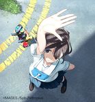  bow brown_eyes brown_hair from_above fukuda_tomonori official_art one_eye_closed outstretched_arm outstretched_hand robotics;notes school_uniform senomiya_akiho smile solo toy toy_robot 