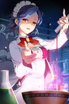  blue_hair bow bowl frills gilse glowing lowres maid_headdress open_mouth outstretched_hand pouring red_eyes ribbon short_hair smile solo striped sword_girls vial 