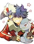  blue_hair cranidos hue_(pokemon) ktmkw119 poke_ball pokemon pokemon_(game) pokemon_bw2 rival_(pokemon_bw2) rufflet smile 
