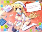  blonde_hair blue_eyes bra cleavage hat honoo_no_haramase_ore_no_yome_oppai_nyuusou jpeg_artifacts open_shirt panties seifuku squeez striped_panties thighhighs underwear yuibi 