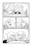  arms_behind_back bat_wings bed closed_eyes comic door flandre_scarlet from_behind greyscale holding_hands long_sleeves lying monochrome multiple_girls nightgown pillow pointy_ears remilia_scarlet short_hair siblings side-by-side side_ponytail silent_comic sisters sitting smile sonson_(eleven) touhou wings 