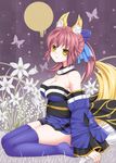  animal_ears bare_shoulders blue_legwear bow breasts bug butterfly cleavage detached_sleeves fate/extra fate_(series) flower fox_ears fox_tail full_moon hair_bow hair_ribbon insect japanese_clothes kneeling large_breasts moon no_shoes pink_hair ribbon solo tail tamamo_(fate)_(all) tamamo_no_mae_(fate) thighhighs tsukino_neru twintails yellow_eyes 