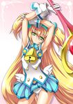  :3 armpits arms_up bell blazblue blonde_hair blue_skirt bow contrapposto gloves green_eyes hair_bow hairband head_tilt heart heart-shaped_pupils highres long_hair looking_at_viewer muchourin panties pink_background platinum_the_trinity quad_tails roura seductive_smile skirt smile solo staff standing symbol-shaped_pupils underwear white_panties 