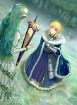  ahoge armor armored_dress artoria_pendragon_(all) avalon_(fate/stay_night) bare_shoulders blonde_hair blue_cape cape detached_sleeves dress excalibur fate/stay_night fate/zero fate_(series) gauntlets green_eyes green_hair highres lady_of_the_lake long_hair multiple_girls pointy_ears saber scabbard sheath short_hair sword water weapon yunohara_konomi 