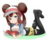  ass bad_id bad_pixiv_id blue_eyes breasts brown_hair cleavage cleavage_cutout crossed_legs double_bun double_v long_hair looking_at_viewer lying medium_breasts mei_(pokemon) on_stomach panties panties_under_pantyhose pantyhose poke_ball pokemon pokemon_(game) pokemon_bw2 raglan_sleeves shorts shorts_pull solo tamakorogashi tears torn_clothes torn_legwear twintails underwear v visor_cap 