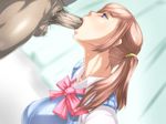  1girl blue_eyes brown_hair fellatio hetero highres long_hair oral original penis school_uniform terumax twintails 