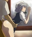  against_wall ass blush bottomless brown_eyes clothed_sex hands_on_another's_hips highres izayoi_sakuya maid_headdress no_penis rp_(necho) sex short_hair silver_hair skirt skirt_lift solo_focus touhou 