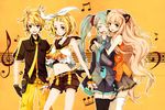  1boy 3girls animal_ears aqua_hair ascot bare_shoulders belt black_legwear blonde_hair blue_eyes bow closed_eyes crop_top eyes_closed fake_animal_ears gloves hair_bow hatsune_miku headset hug joanna_(mojo!) kagamine_len kagamine_rin koi_wa_sensou_(vocaloid) long_hair looking_at_viewer midriff miniskirt multiple_girls musical_note necktie note open_mouth pants petite seeu shirt short_hair short_pants short_shorts shorts signature skirt sleeves_past_wrists smile staff_(music) standing thighhighs treble_clef treble_cleff very_long_hair vocaloid watermark white_legwear yellow_background zettai_ryouiki 