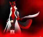  anthro bandage black breasts canine clitoris clitoris_piercing coat ear_piercing female genital_piercing invalid_background looking_at_viewer mammal music_player ninko nipples nude piercing plain pose pussy red red_eyes red_theme smile solo spades standing sword weapon zoe 