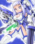  blue_eyes blue_hair breasts cleavage cleavage_cutout cockpit impossible_clothes large_breasts long_hair lowres mecha_musume no_pupils personification rvr-01_gauntlet sidelocks solo t2 thighhighs thunder_force 