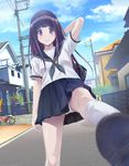  bicycle black_hair blurry blush chitanda_eru depth_of_field foreshortening ground_vehicle highres hyouka long_hair misakamitoko0903 panties perspective pleated_skirt purple_eyes school_uniform serafuku skirt smile socks solo underwear upskirt white_legwear 