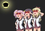  :d ahoge akaza_akari anison black_hair blonde_hair bow double_bun eclipse funami_yui glasses hair_bobbles hair_bow hair_bun hair_ornament hand_on_hip multiple_girls nanamori_school_uniform open_mouth pink_hair school_uniform serafuku smile solar_eclipse sun toshinou_kyouko twintails yoshikawa_chinatsu yuru_yuri 