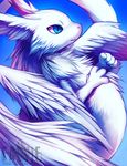 ambiguous_gender blue_background blue_eyes falvie fur looking_away plain_background sky solo unknown_species white_fur wings 