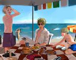  4boys ahoge america_(hetalia) axis_powers_hetalia basket beach bikini blonde_hair brown_hair cake canada_(hetalia) checkered cup day drinking_straw eyebrows fish fish_and_chips food goggles goggles_on_head hood hoodie hot_dog hug male_swimwear mouth_hold multiple_boys newspaper ocean outdoors pancake pie plate sealand_(hetalia) seychelles_(hetalia) sky smile suda_(isudayo) sunglasses swim_trunks swimming swimsuit swimwear table twintails umbrella united_kingdom_(hetalia) water 