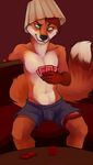  boxers brown_hair canine card cards demicoeur fox green_eyes hair lampshade male mammal playing_card poker poker_chips poker_table solo table topless underwear 