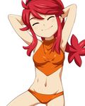  armpits arms_behind_head arms_up bikini blush closed_eyes danball_senki groin hairband hairu hanasaki_ran midriff navel red_hair sidelocks simple_background smile solo swimsuit white_background 