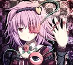  akashio_(loli_ace) alternate_costume blood checkered checkered_background flower hairband heart jewelry komeiji_satori looking_at_viewer open_mouth pink_eyes pink_flower pink_hair pink_rose plant ring rose rozen_maiden short_hair solo third_eye touhou upper_body vines 