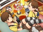  book bookshelf bottle bracelet brown_hair candy company_connection controller cup drinking_straw famicom food futami_ami futami_mami game_console game_controller handheld_game_console highres hitoto idolmaster idolmaster_(classic) jewelry lollipop looking_at_viewer midriff multiple_girls namco navel nintendo_3ds pac-man pac-man_(game) pillow playing_games playstation_3 playstation_portable purple_eyes short_hair shorts siblings side_ponytail soda striped striped_legwear thighhighs twins wii wii_remote xbox_360 