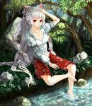  barefoot bow breasts cleavage collarbone dress_shirt fujiwara_no_mokou hair_bow long_hair navel open_mouth ori pants red_eyes river shirt sitting sleeves_rolled_up small_breasts soaking_feet solo touhou very_long_hair water white_hair 