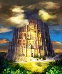  cloud crescent_moon dusk fantasy fine_art_parody fog grimgrimoire leaf moon night night_sky no_humans official_art parody plant scenery sky tower tower_of_babel vanillaware 