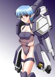  bare_shoulders blue_hair breasts choker cleavage detached_sleeves embarrassed guardian_(thunder_force) large_breasts mecha_musume mochizuki_kazuto navel personification pointy_ears red_eyes see-through short_hair solo thigh_strap thunder_force thunder_force_v 