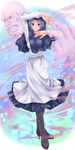 boots breasts cross-laced_footwear full_body highres holding kumoi_ichirin lace-up_boots lavender_eyes lavender_hair long_sleeves looking_at_viewer medium_breasts megira_meltingpot pose red_eyes smile standing teeth touhou unzan 