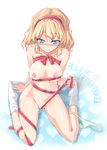  alice_margatroid bad_id blonde_hair blue_eyes blush breasts female footwear hair_ribbon hairband heart highres homura_subaru lactation naked_ribbon nipples nude panties panties_around_leg photoshop pussy_juice ribbon socks solo striped striped_panties sweat tears touhou underwear 