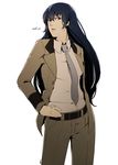  belt blue_eyes blue_hair breasts formal hand_on_hip long_hair looking_at_viewer mushisotisis necktie older pants persona persona_4 persona_x_detective serious shirogane_naoto small_breasts solo standing suit text_focus 