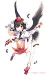  autumn_leaves bent_over between_breasts black_hair bobby_socks breasts camera feathers full_body geta h2so4 hat holding leaf legs looking_at_viewer necktie open_mouth pleated_skirt red_eyes shameimaru_aya short_hair simple_background skirt smile socks solo touhou white_background wings 