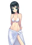  arms_behind_back bad_id bad_pixiv_id bikini black_hair blue_eyes breasts cleavage contemporary long_hair looking_at_viewer lowleg lowleg_bikini medium_breasts mono navel sarong shadow_of_the_colossus simple_background smile solo swimsuit tensugi_takashi white_background white_sarong 
