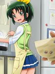  :d apron blush bowl eyelashes food green_eyes green_hair highres kitchen looking_back mameshiba midorikawa_nao nanairogaoka_middle_school_uniform open_mouth ponytail precure rice rice_bowl rice_cooker school_uniform short_hair skirt sleeves_rolled_up smile smile_precure! solo spoon sweater_vest 