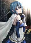  armband back blue_eyes blue_hair cape gloves highres koruse looking_back magical_girl mahou_shoujo_madoka_magica miki_sayaka musical_note short_hair soul_gem tears 