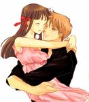  1boy 1girl breasts brown_hair couple dress eyes_closed fruits_basket honda_tooru long_hair orange_eyes orange_hair ribbon short_hair sohma_kyo souma_kyou usuikoromo white_background 