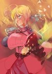  ahoge armor armored_dress artoria_pendragon_(all) bad_id bad_pixiv_id blonde_hair dress excalibur fate/zero fate_(series) fengshen9489 gauntlets green_eyes hair_ribbon invisible_air ribbon saber solo sword translucent weapon 