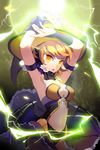  armpits arms_up bare_shoulders blonde_hair breasts bustier electricity frilled_skirt frills gilse hat lowres medium_breasts midriff navel open_mouth parfunte skirt solo sword_girls wings witch_hat yellow_eyes 