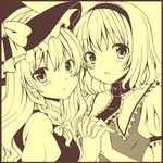  alice_margatroid bad_id bad_pixiv_id blush bow hair_bow hairband hat holding_hands interlocked_fingers kirisame_marisa monochrome multiple_girls open_mouth short_hair tottoto_tomekichi touhou witch_hat 
