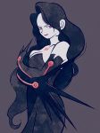  bare_shoulders black_background black_dress black_hair breasts chest_tattoo cleavage collarbone commentary dress elbow_gloves forehead fullmetal_alchemist gloves highres homunculus large_breasts long_hair looking_at_viewer lust ouroboros pale_skin red_eyes simple_background smile solo tattoo uzuta very_long_hair wavy_hair 