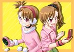  :d brown_hair cellphone earmuffs futami_ami futami_mami grin idolmaster idolmaster_(classic) long_hair miri_(ago550421) multiple_girls open_mouth phone pink_eyes short_hair side_ponytail smile wristband 