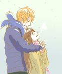  1boy 1girl blush brown_hair eyes_closed fruits_basket honda_tooru long_hair orange_hair scarf short_hair snow sohma_kyo souma_kyou 