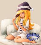  barefoot blonde_hair brush grimgrimoire hair_brush hair_brushing hat holding holding_brush holding_hair kamitani_george light_smile lillet_blan long_hair official_art pillow purple_eyes sitting sleepwear solo wallpaper wariza 