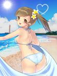  :d ass bad_id bad_pixiv_id bikini blush breasts brown_eyes brown_hair cloud condensation_trail day flower from_behind futami_mami hair_flower hair_ornament highres idolmaster idolmaster_(classic) long_hair looking_at_viewer looking_back open_mouth plumeria side_ponytail sky small_breasts smile solo sun swimsuit tenmitsu_yuka white_bikini 