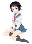  bangs black_hair blunt_bangs brown_eyes ekra legs sayonara_zetsubou_sensei school_uniform serafuku short_hair simple_background sitting skirt smile socks solo tsunetsuki_matoi white_background 