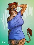  big_breasts bottomless breasts clothed clothing ear_piercing eyes_closed female fur giraffe hair half-dressed horn kadath long_hair mammal open_mouth piercing puzzle_(character) shirt sleepy solo tail_tuft tongue tuft yawn 